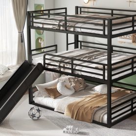 Metal Queen Over Queen Over Queen Bunk Bed With Slide, and Safety Guardrails
