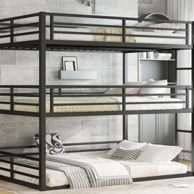 Metal Queen Over Queen Over Queen Bunk Bed With Safety Guardrails