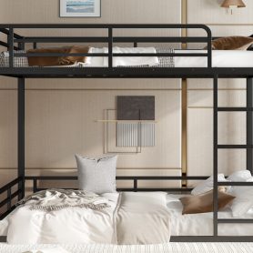 Metal Bunk Bed, Full Xl Over Full Xl Floor Bunk Bed Frame,heavy-duty Bunk Bed For Kids, Teens, Adults, Noise-reduced Design, Black