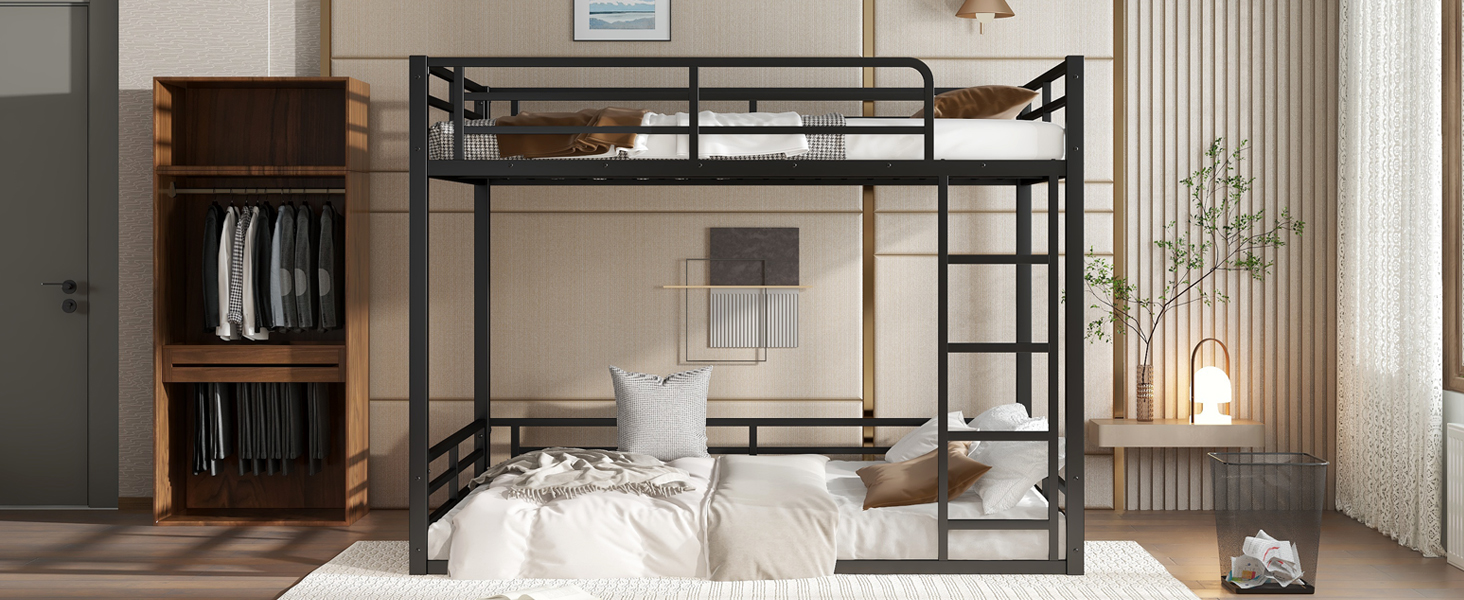 Metal Bunk Bed, Full Xl Over Full Xl Floor Bunk Bed Frame,heavy-duty Bunk Bed For Kids, Teens, Adults, Noise-reduced Design, Black
