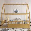 Full Size Wooden Floor Bed with House Roof Frame and Fence Guardrails