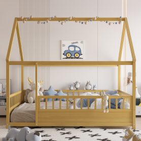 Full Size Wooden Floor Bed with House Roof Frame and Fence Guardrails