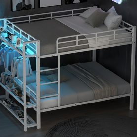 Full Size Metal Bunk Bed With Storage Mesh Shelves, Clothes Hooks And LED Light