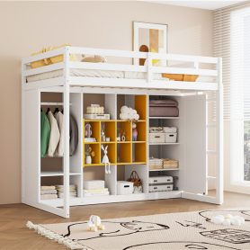 Twin Size Wood Loft Bed With Wardrobe, Shelves And  Cabinet