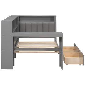 Wood Twin Size Platform Bed with Storage Shelves, Drawers, Charging Station, LED, Desk and Upholstered Headboard