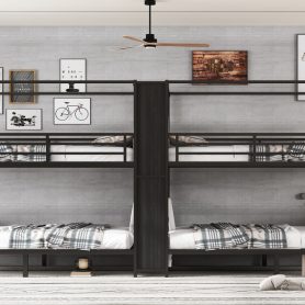 Full Size Quadruple Metal Bunk Bed With Built-in Storage Shelves & Wardrobe