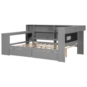 Wood Full Size Platform Bed with Storage Shelves, Drawers, Charging Station, LED, Desk and Upholstered Headboard