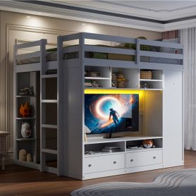 Full Size Loft Bed With Drawers, Shelves And Light