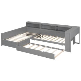 Wood Twin Size L-shaped Platform Bed with Trundle and a Drawer