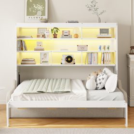Full Size Murphy Cabinet Bed with Folding Sofa,Built-in Storage Shelves and LED Light