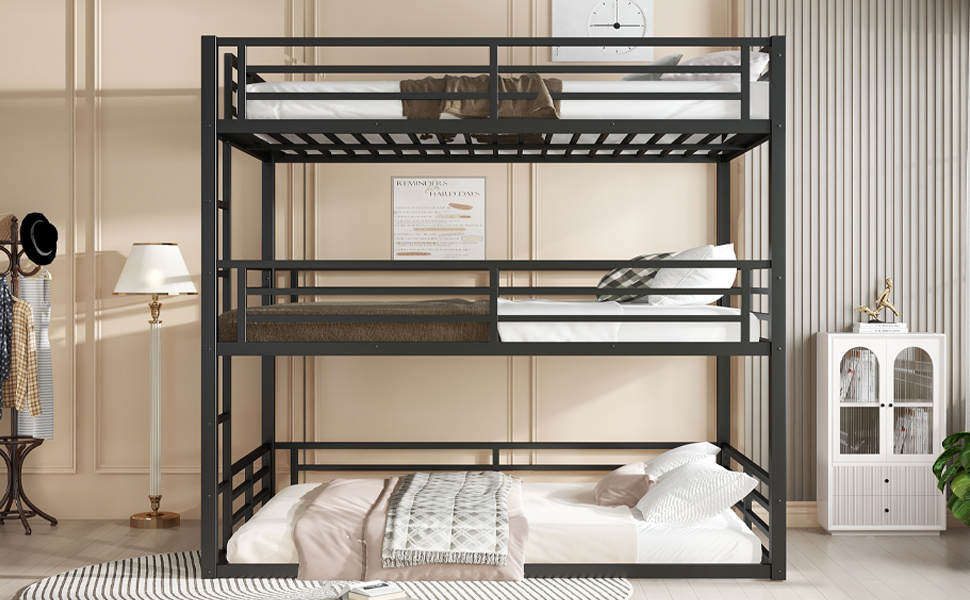 Metal Full Over Full Over Full Bunk Bed With Safety Guardrail 15 Metal Full Over Full Over Full Bunk Bed With Safety Guardrail