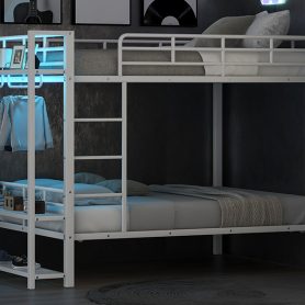 Full Size Metal Bunk Bed With Storage Mesh Shelves, Clothes Hooks And LED Light