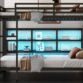 Metal Queen Over Queen Bunk Bed With Storage Cabinets And LED