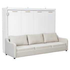 Queen Size Murphy Cabinet Bed with Folding Sofa,Built-in Storage Shelves and LED Light