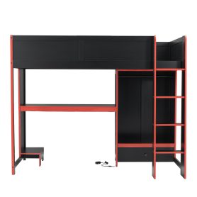 Wood Twin Size Gaming Loft Bed with Built-in Desk, Wardrobe, LED and a Drawer