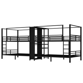 Queen Size Quadruple Metal Bunk Bed With Built-in Storage Shelves & Wardrobe
