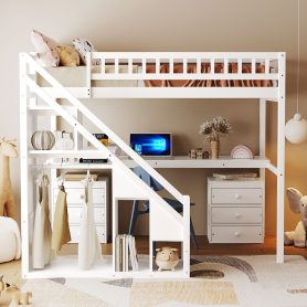 Twin Size Loft Bed with Two Chest of Drawers, Desk and Light Strip