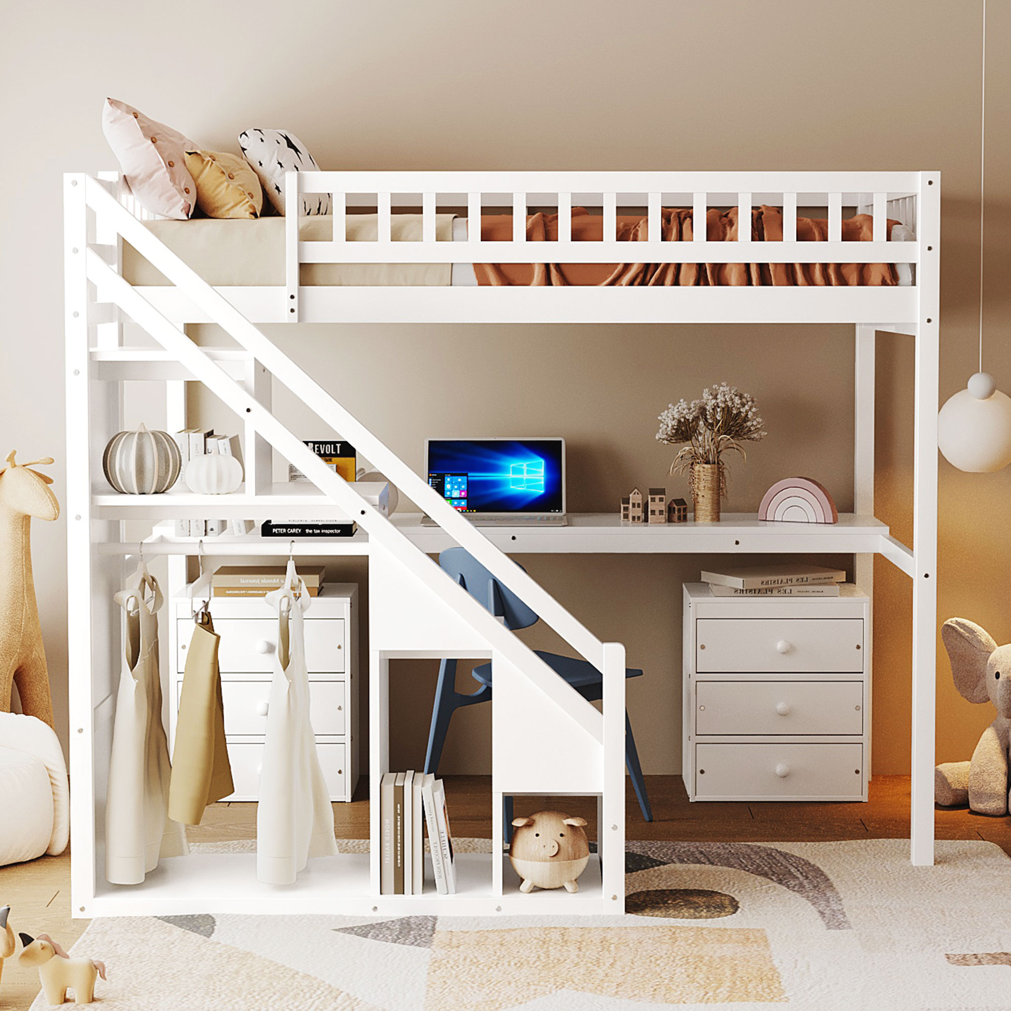 Twin Size Loft Bed With Two Chest Of Drawers, Desk And Light Strip