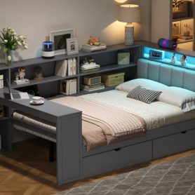 Wood Full Size Platform Bed with Storage Shelves, Drawers, Charging Station, LED, Desk and Upholstered Headboard