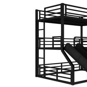 Metal Twin Over Twin Over Full Bunk Bed With Slide and Safety Guardrails