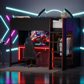 Wood Twin Size Gaming Loft Bed with Built-in Desk, Wardrobe, LED and a Drawer