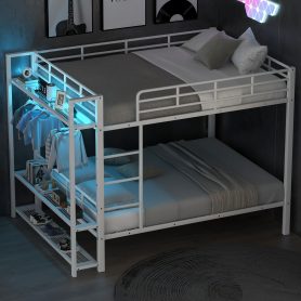 Full Size Metal Bunk Bed With Storage Mesh Shelves, Clothes Hooks And LED Light