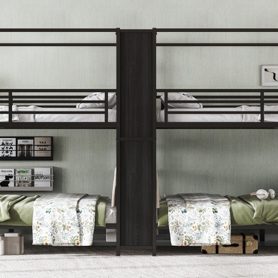 Queen Size Quadruple Metal Bunk Bed With Built-in Storage Shelves & Wardrobe