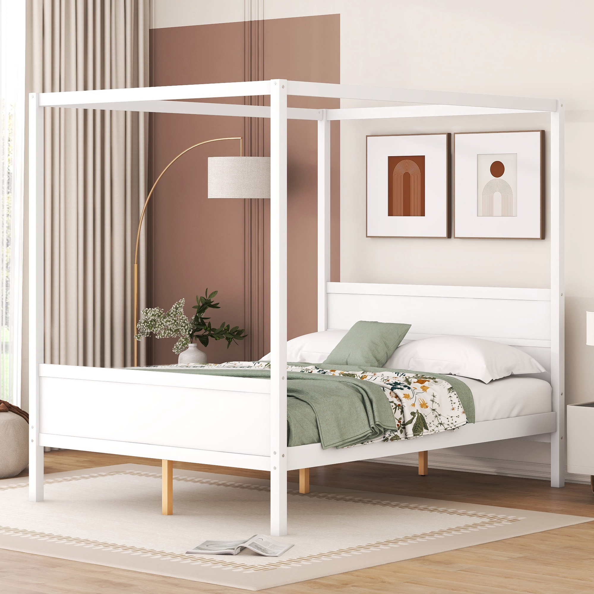 Queen Size Canopy Bed with Headboard and Footboard, Slat Support Leg