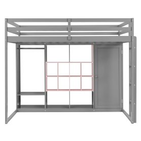 Full Size Wood Loft Bed with Wardrobe, Shelves and Cabinet