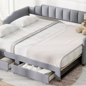 Twin XL Size Extendable Upholstered Daybed with Two Storage Drawers and LED Light