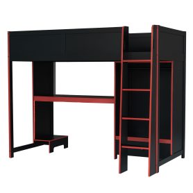 Wood Twin Size Gaming Loft Bed with Built-in Desk, Wardrobe, LED and a Drawer
