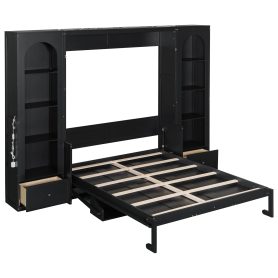 Queen Size Murphy Platform Bed with Shelf, Side Cabinets, Drawers and LED