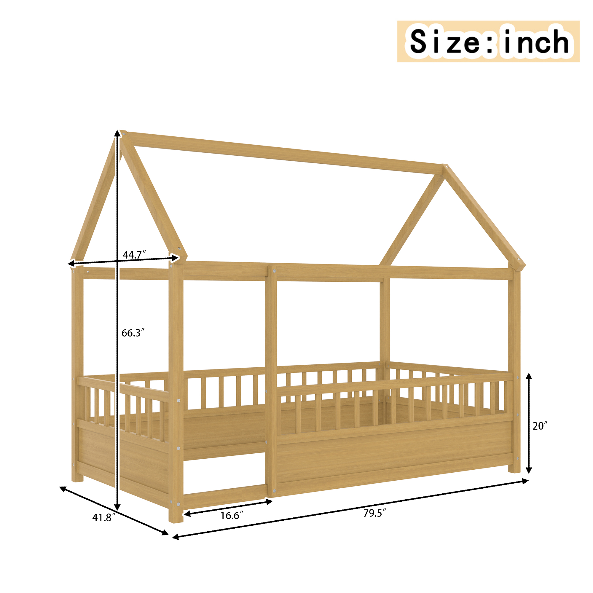 Twin Size Wooden Floor Bed with House Roof Frame and Fence Guardrails 7 Twin Size Wooden Floor Bed with House Roof Frame and Fence Guardrails