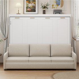 Queen Size Murphy Cabinet Bed with Folding Sofa,Built-in Storage Shelves and LED Light