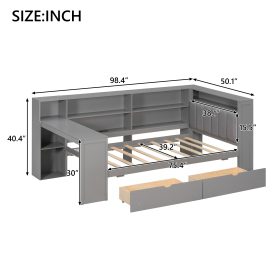 Wood Twin Size Platform Bed with Storage Shelves, Drawers, Charging Station, LED, Desk and Upholstered Headboard