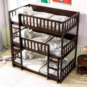 Twin Size Triple Rubber Wood Bunk Bed, with Ladders and Guardrails