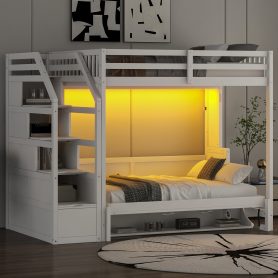 Full Xl Size Loft Bed With Storage Staircase And Full Size Murphy Bed With LED Light