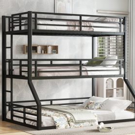 Metal Twin Over Twin Over Full XL Bunk Bed with Safety Guardrails