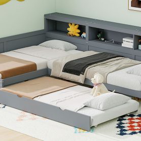 Wood Twin Size L-shaped Platform Bed with Trundle and a Drawer