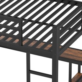 Metal Queen Size Loft Bed Frame with Built-in Wardrobe,  Desk and Storage Shelves