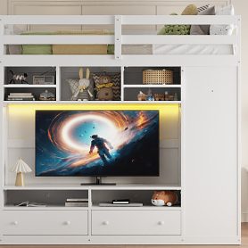 Full Size Loft Bed With Drawers, Shelves And Light