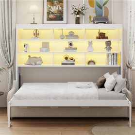 Queen Size Murphy Cabinet Bed with Folding Sofa,Built-in Storage Shelves and LED Light