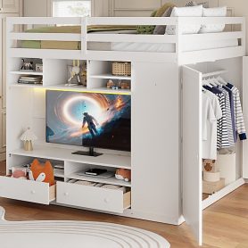 Full Size Loft Bed With Drawers, Shelves And Light