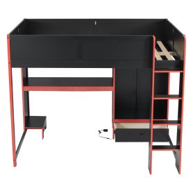 Wood Full Size Gaming Loft Bed With Built-in Desk, Wardrobe, Led And A Drawer