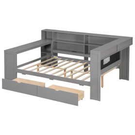 Wood Full Size Platform Bed with Storage Shelves, Drawers, Charging Station, LED, Desk and Upholstered Headboard