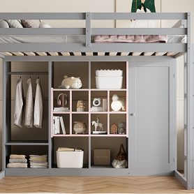 Full Size Wood Loft Bed with Wardrobe, Shelves and Cabinet