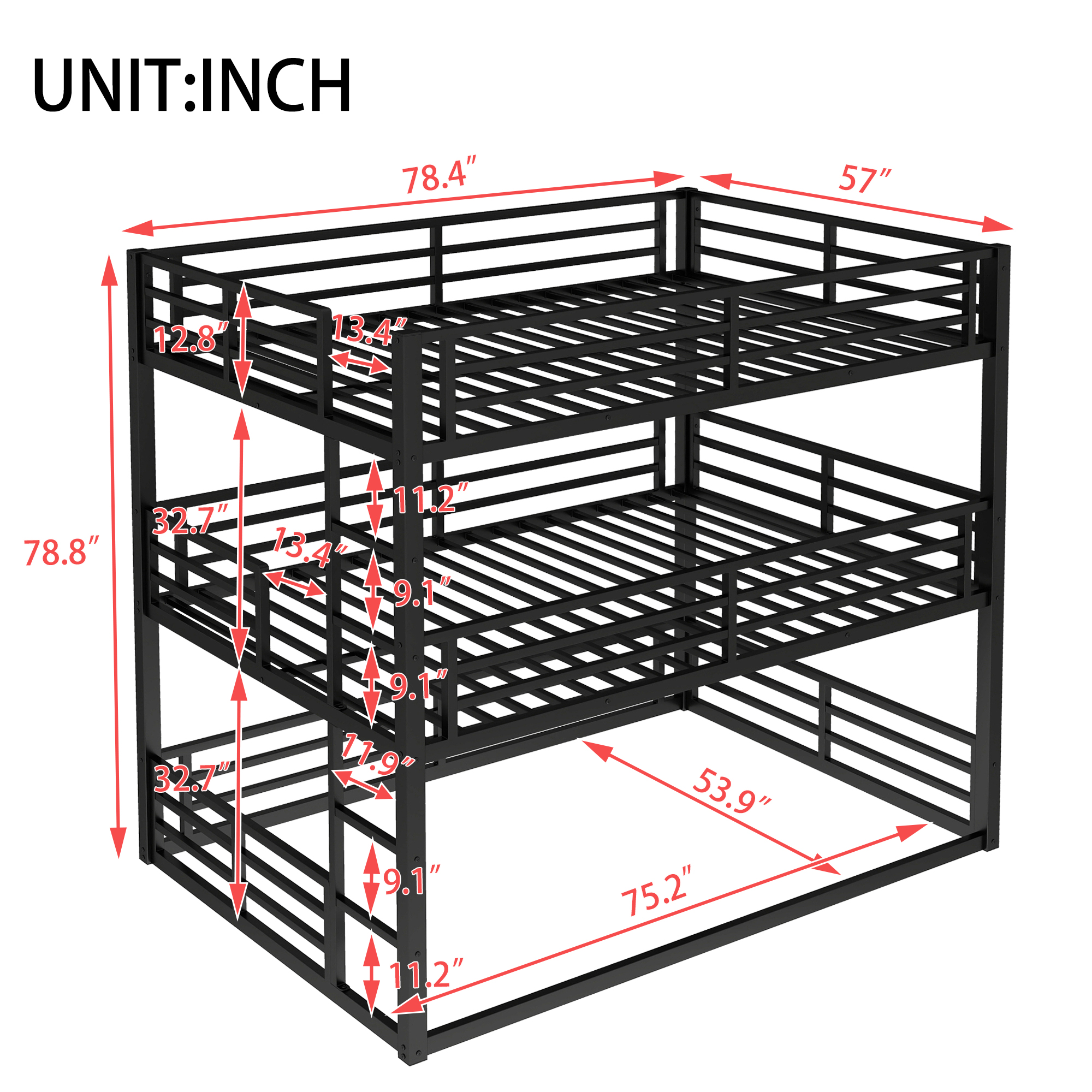 Metal Full Over Full Over Full Bunk Bed With Safety Guardrail 5 Metal Full Over Full Over Full Bunk Bed With Safety Guardrail
