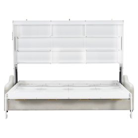 Queen Size Murphy Cabinet Bed with Folding Sofa,Built-in Storage Shelves and LED Light