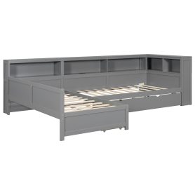 Wood Twin Size L-shaped Platform Bed with Trundle and a Drawer