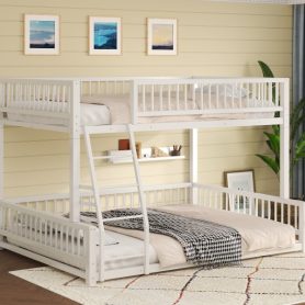 Full XL over Queen Floor Bunk Bed with Ladder and Safety Guardrails